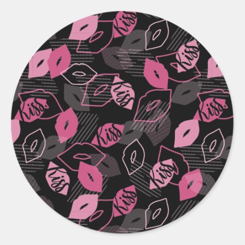 Pink Lips Kissing Pattern Black Ver Classic Round Sticker