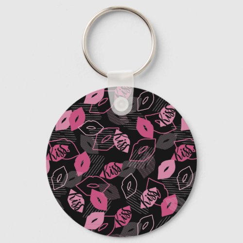 Pink Lips Kissing Pattern Black Ver Keychain