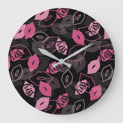 Pink Lips Kissing Pattern Black Ver Large Clock