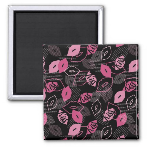 Pink Lips Kissing Pattern Black Ver Magnet