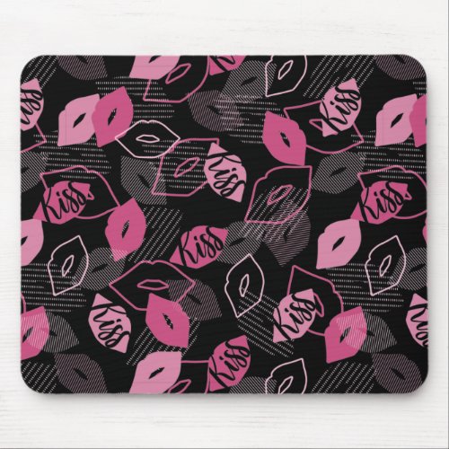 Pink Lips Kissing Pattern Black Ver Mouse Pad