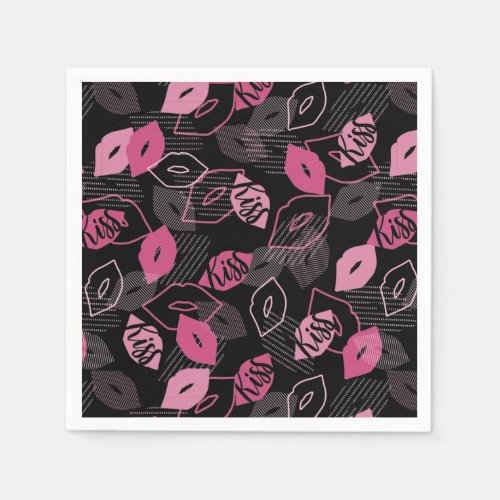 Pink Lips Kissing Pattern Black Ver Napkins