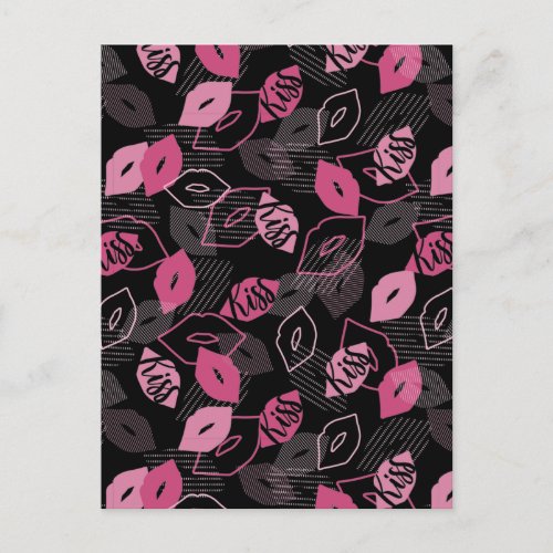 Pink Lips Kissing Pattern Black Ver Postcard
