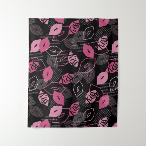 Pink Lips Kissing Pattern Black Ver Tapestry