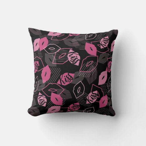 Pink Lips Kissing Pattern Black Ver Throw Pillow