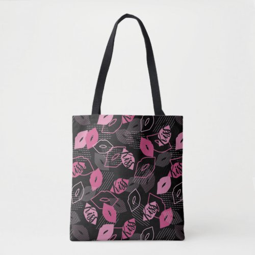 Pink Lips Kissing Pattern Black Ver Tote Bag