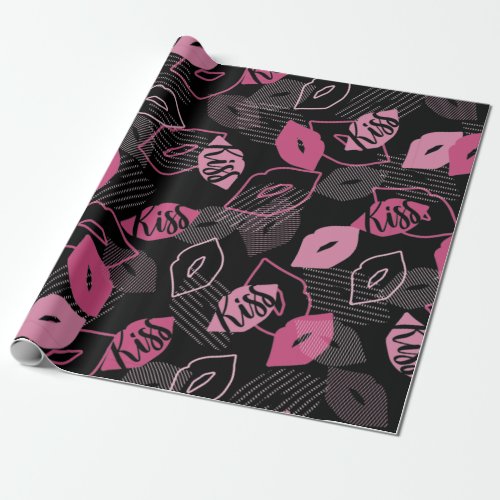 Pink Lips Kissing Pattern Black Ver Wrapping Paper