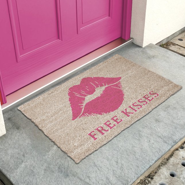 Pink Lips Lipstick Kiss Free Kisses Fiber Doormat (Free kisses at your door? Yes please! Pop this doormat at your door and freshen your lipstick)