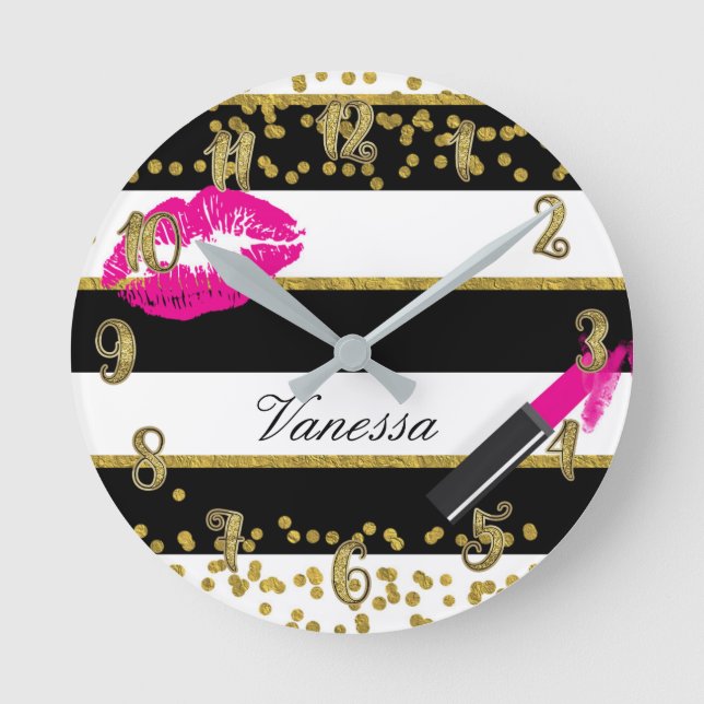 Pink Lips Lipstick Kiss Gold Glamour Glam Chic Round Clock (Front)