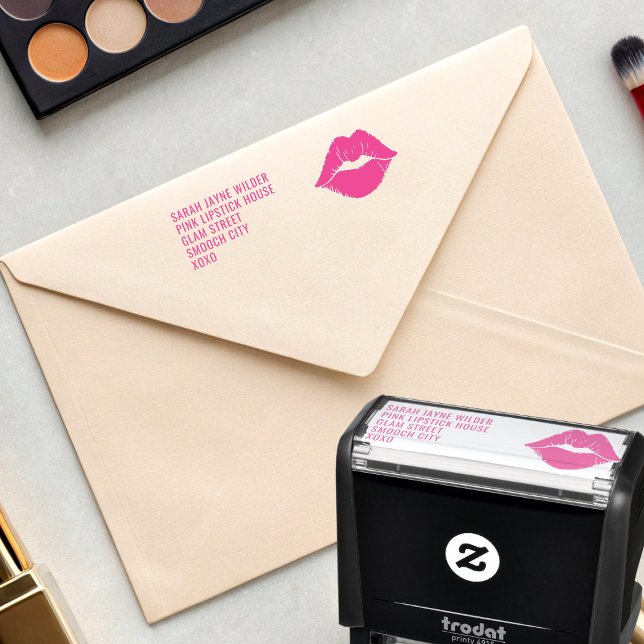 Pink Lips Lipstick Kiss Return Address Self-inking Stamp (Sending love letters? Just add your return address to this useful rubber stamp)