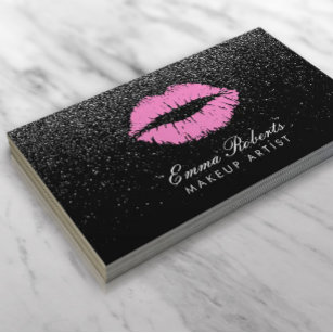 Pink Lips Makeup Artist Black Glitter Modern Business Card