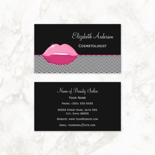 Pink Lips Makeup Artist Business Card (Girly Pink Lips Chevron Cosmetologist Business Cards)