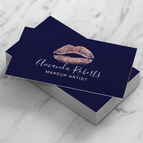 Pink Lips Makeup Artist Elegant Navy Blue Salon Business Card