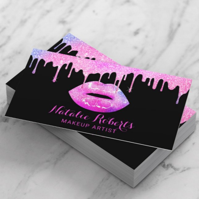 Pink Lips Makeup Artist Modern Pastel Drips Salon Business Card (Creator Uploaded)