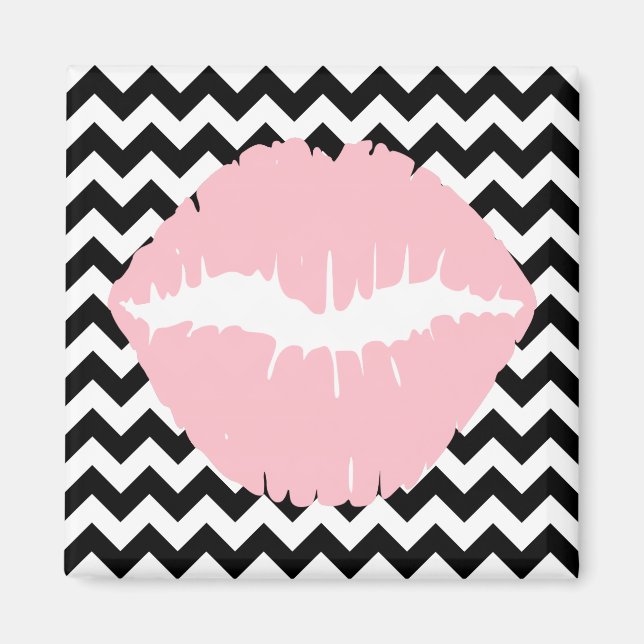 Pink Lips on Black and White Zigzag Magnet (Front)