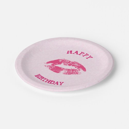 Pink Lips On Pink Damask_ Happy Birthday Paper Plates