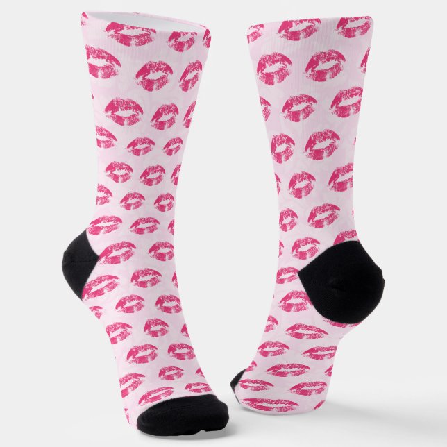 Pink Lips On Pink Damask  Socks (Angled)