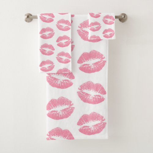 Pink Lips Pattern Of Lips Pink Lipstick Kiss Bath Towel Set