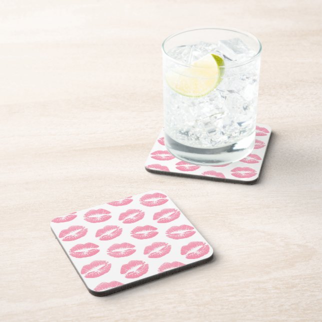 Pink Lips, Pattern Of Lips, Pink Lipstick, Kiss Beverage Coaster (Right Side)