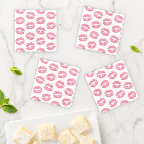 Pink Lips Pattern Of Lips Pink Lipstick Kiss Coaster Set