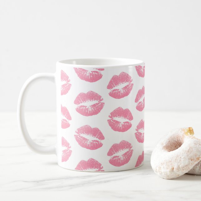 Pink Lips, Pattern Of Lips, Pink Lipstick, Kiss Coffee Mug (With Donut)