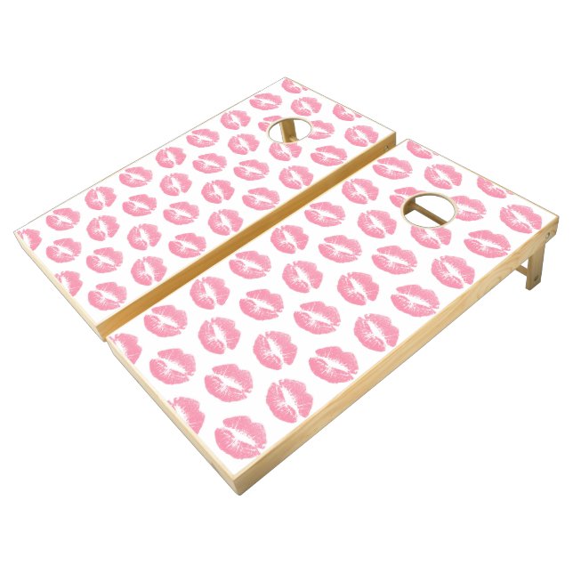 Pink Lips, Pattern Of Lips, Pink Lipstick, Kiss Cornhole Set (Angled)