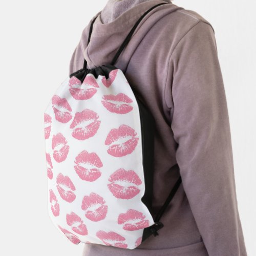 Pink Lips Pattern Of Lips Pink Lipstick Kiss Drawstring Bag