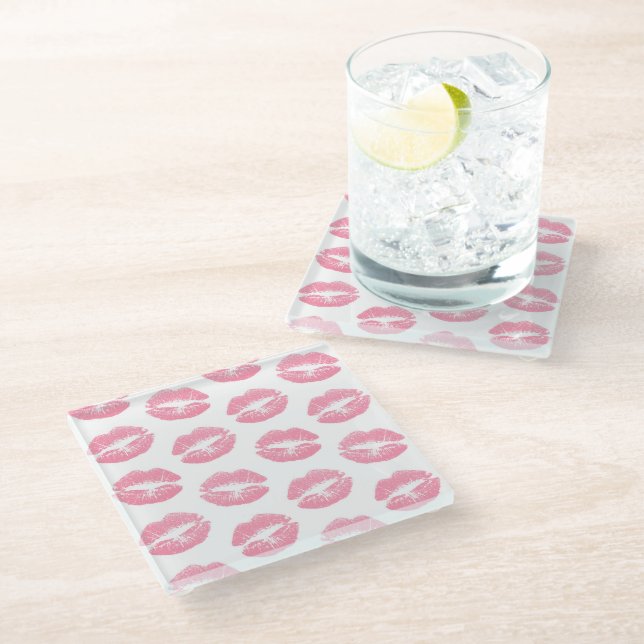 Pink Lips, Pattern Of Lips, Pink Lipstick, Kiss Glass Coaster (Angled)