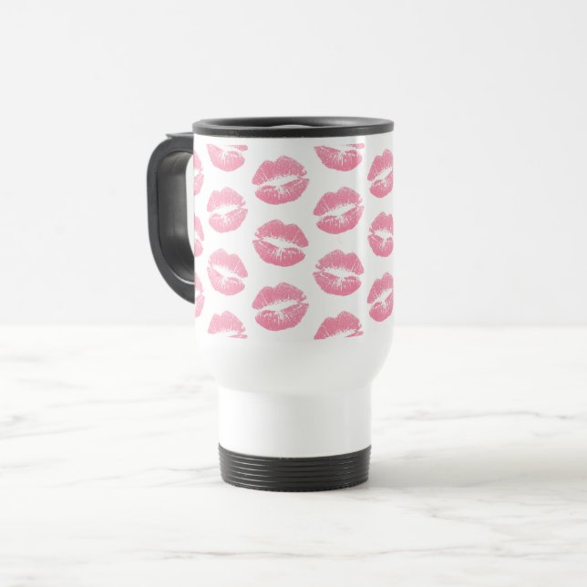Pink Lips, Pattern Of Lips, Pink Lipstick, Kiss Travel Mug (Front Left)