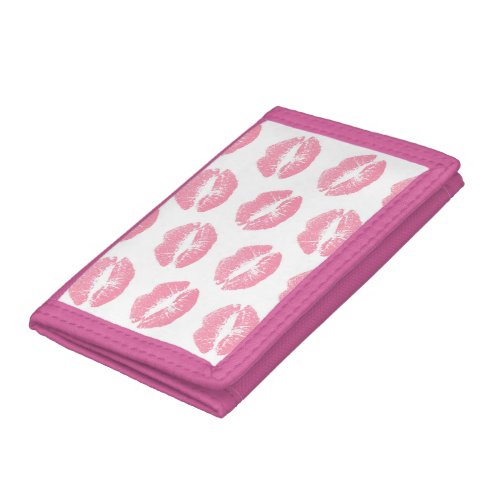 Pink Lips Pattern Of Lips Pink Lipstick Kiss Trifold Wallet