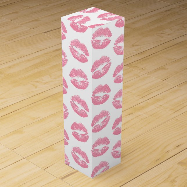 Pink Lips, Pattern Of Lips, Pink Lipstick, Kiss Wine Box (Front)