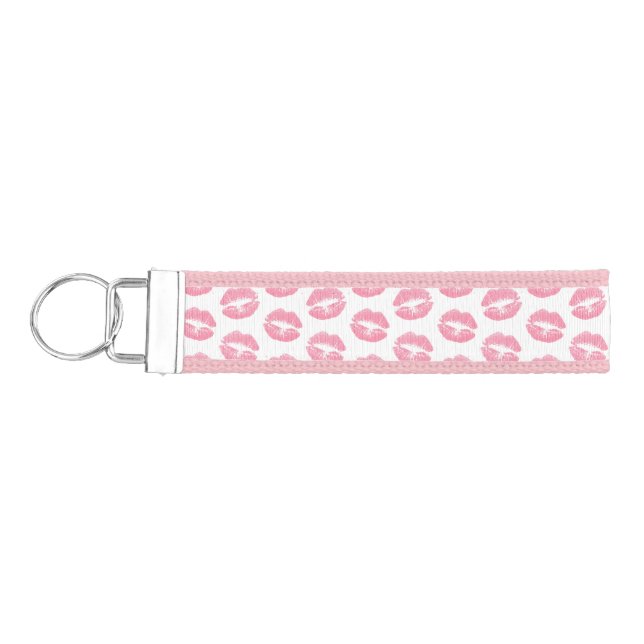Pink Lips, Pattern Of Lips, Pink Lipstick, Kiss Wrist Keychain (Keys on Left)