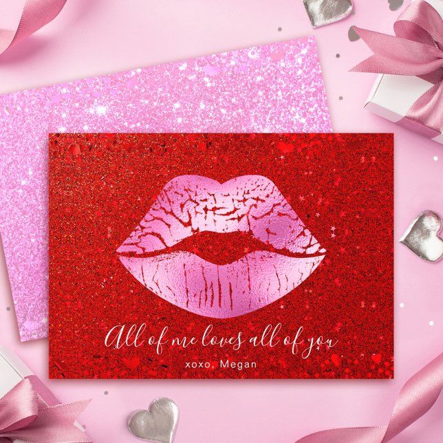 Pink Lips Red Glitter All of Me Loves Valentine Holiday Card (Creator Uploaded)
