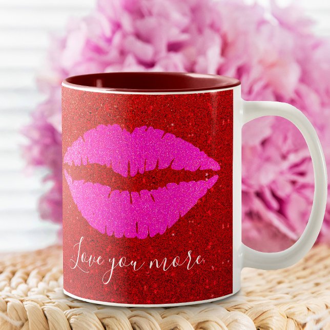 Pink Lips Red Glitter Love You More Script Sparkly Two-Tone Coffee Mug (Creator Uploaded)