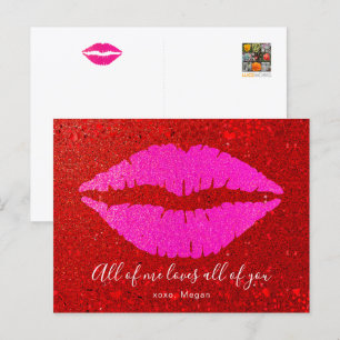 Pink Lips Red Glitter Valentine All of Me Love You Holiday Postcard