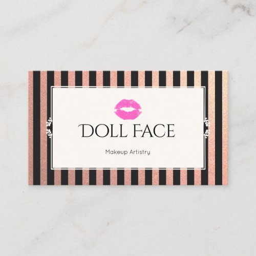 Pink Lips Rose Gold  Black Glitter Stripes Makeup Business Card