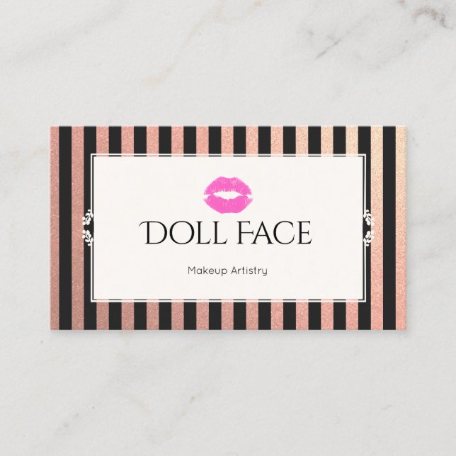 Pink Lips Rose Gold & Black Glitter Stripes Makeup Business Card (Front)