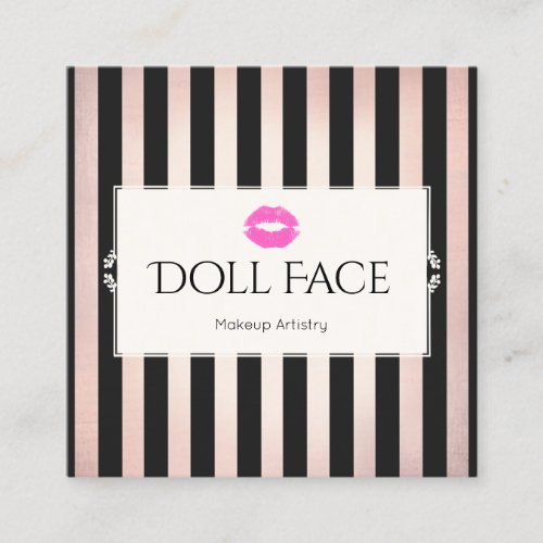 Pink Lips Rose Gold  Black Striped Makeup Artist Square Business Card