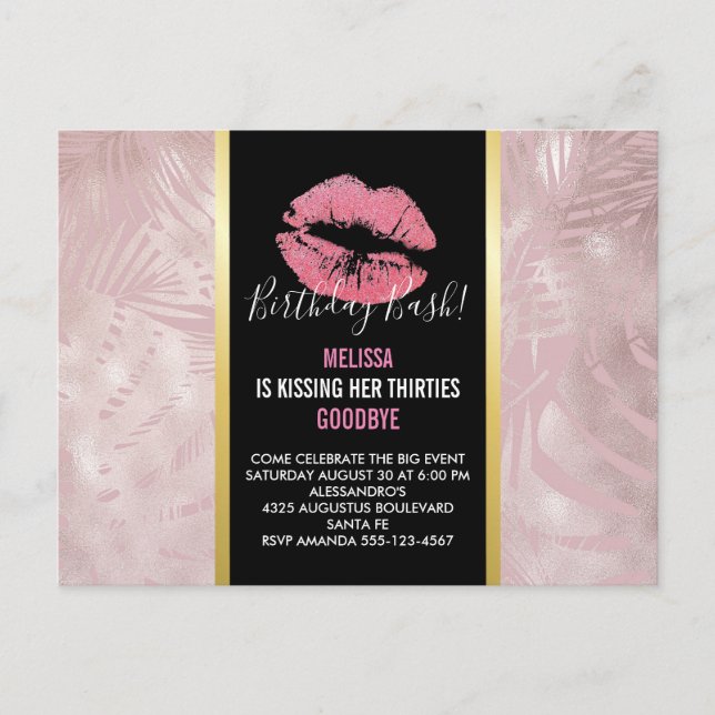 Pink Lips & Rose Gold Tropical Leaves Birthday Postcard (Front)