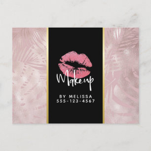 Pink Lips & Rose Gold Tropical Leaves Business Postcard
