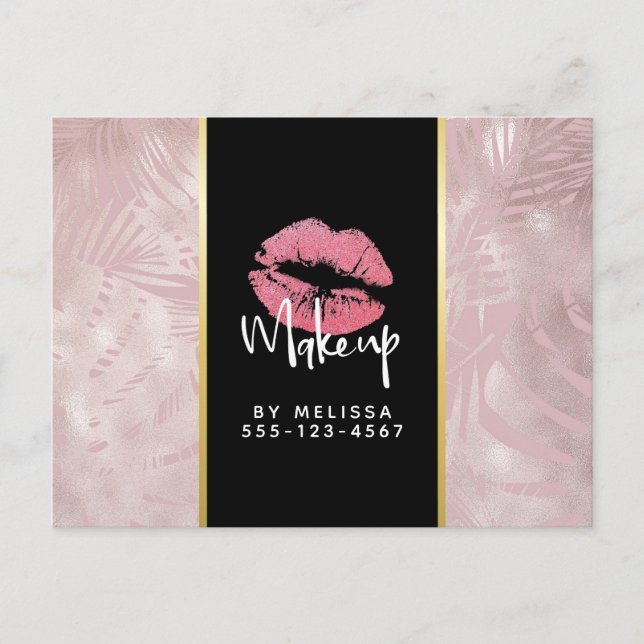 Pink Lips & Rose Gold Tropical Leaves Business Postcard (Front)