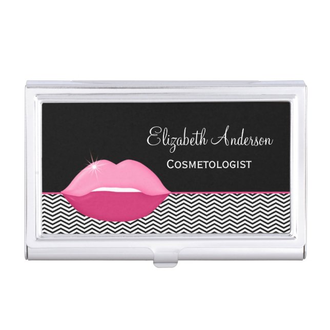 Pink Lips Trendy Chevron Makeup Artist Business Card Case (Front)