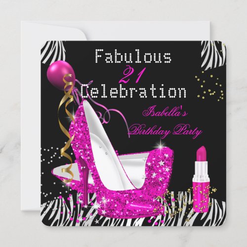 Pink Lipstick Glitter High Heels Zebra Birthday Invitation