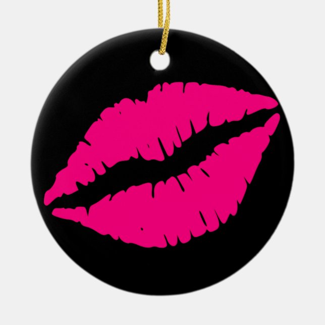Pink lipstick kiss pop art ceramic ornament (Front)