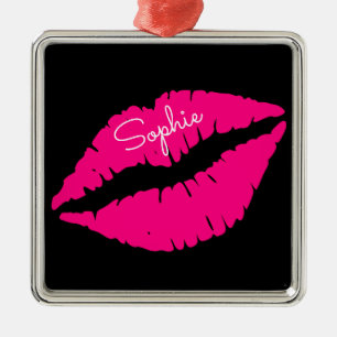 Pink lipstick kiss pop art personal name metal ornament