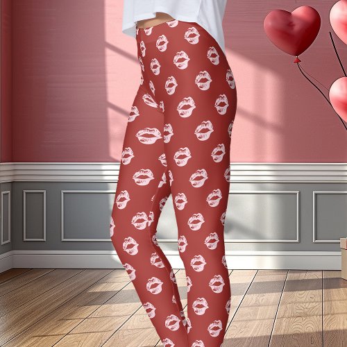 Pink Lipstick Kiss Print Red Leggings