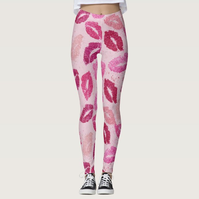 Pink Lipstick Kiss Seamless Pattern Leggings (Front)