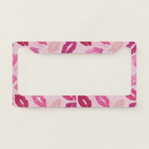 Pink Lipstick Kiss Seamless Pattern License Plate Frame