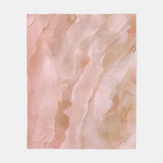 Pink Liquid Marble Gold Texture Fleece Blanket (Front)