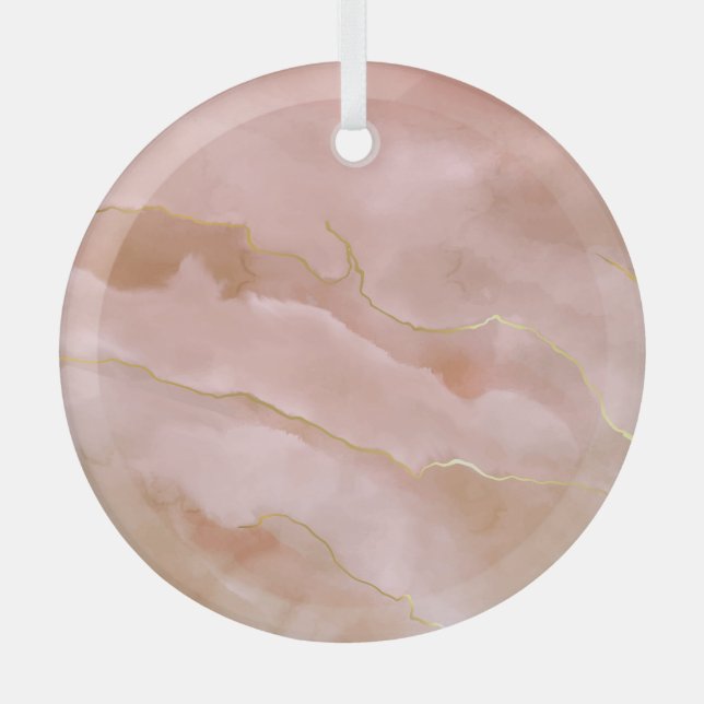 Pink Liquid Marble Gold Texture Glass Ornament (Front)
